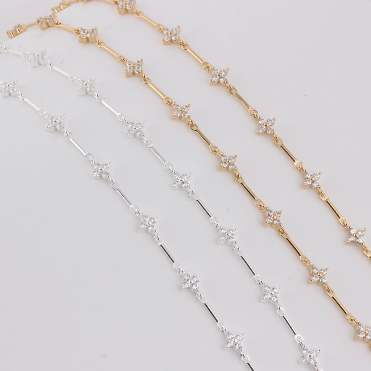 14K Gold Filled/S925 Silver Link and Bar Chain With Clover Zircon