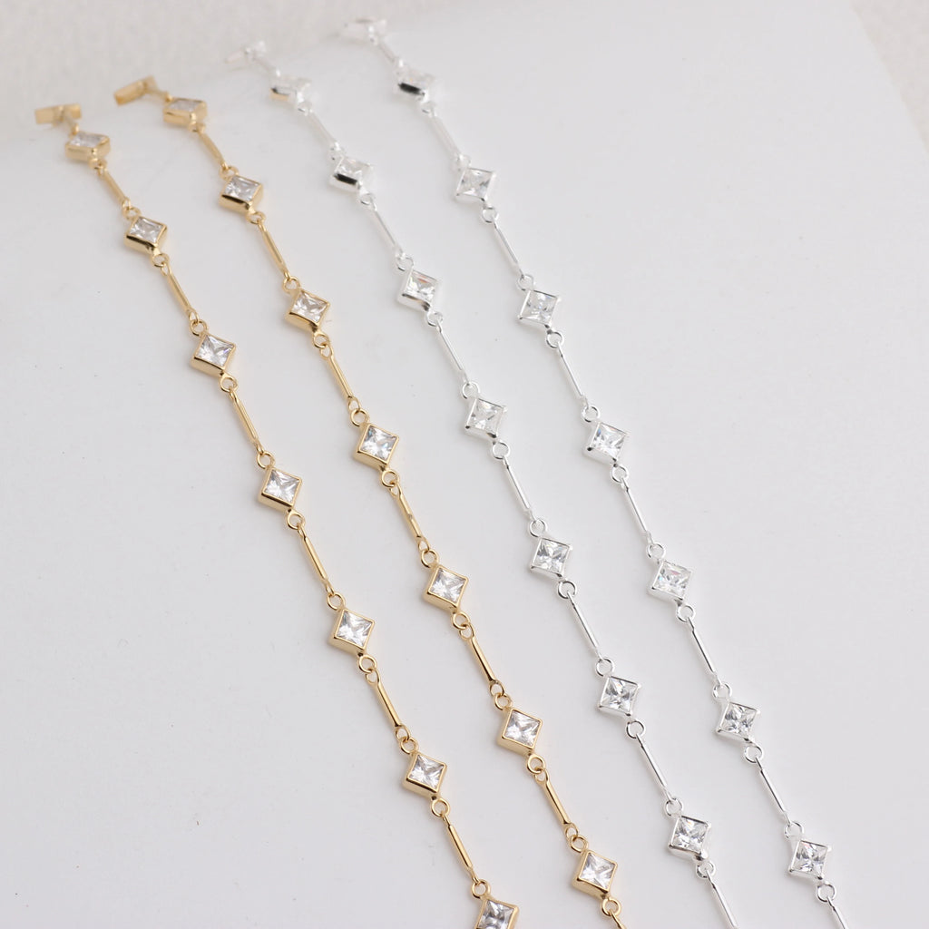 Link & Bar Chain with Rhombus CZ Accents | 14K Gold Filled & S925 Silver