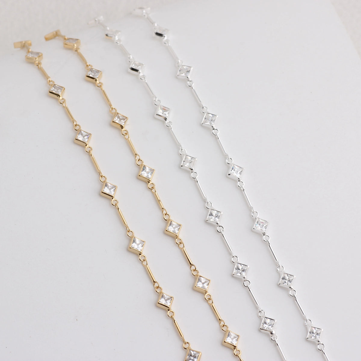 Link & Bar Chain with Rhombus CZ Accents | 14K Gold Filled & S925 Silver