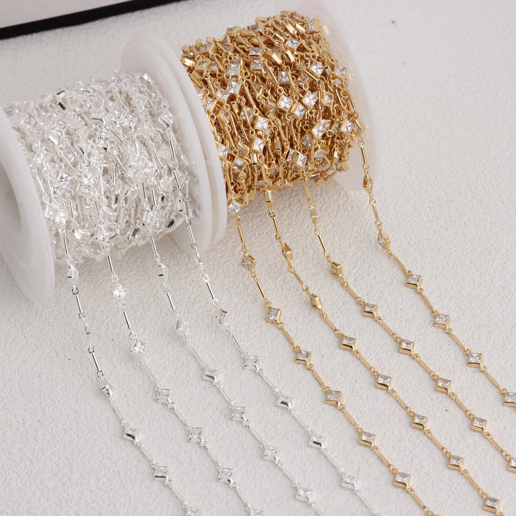 Link & Bar Chain with Rhombus CZ Accents | 14K Gold Filled & S925 Silver