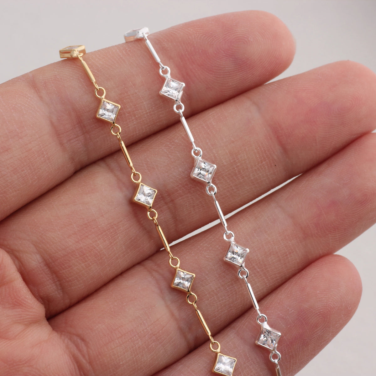 Link & Bar Chain with Rhombus CZ Accents | 14K Gold Filled & S925 Silver