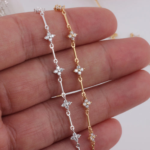 14K Gold Filled/S925 Silver Link and Bar Chain With Clover Zircon